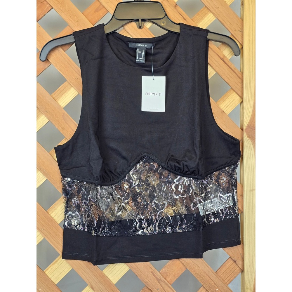 Forever 21 Knit Tank Top Womens XL Black Lace Trim Sleeveless‎ Crop - New